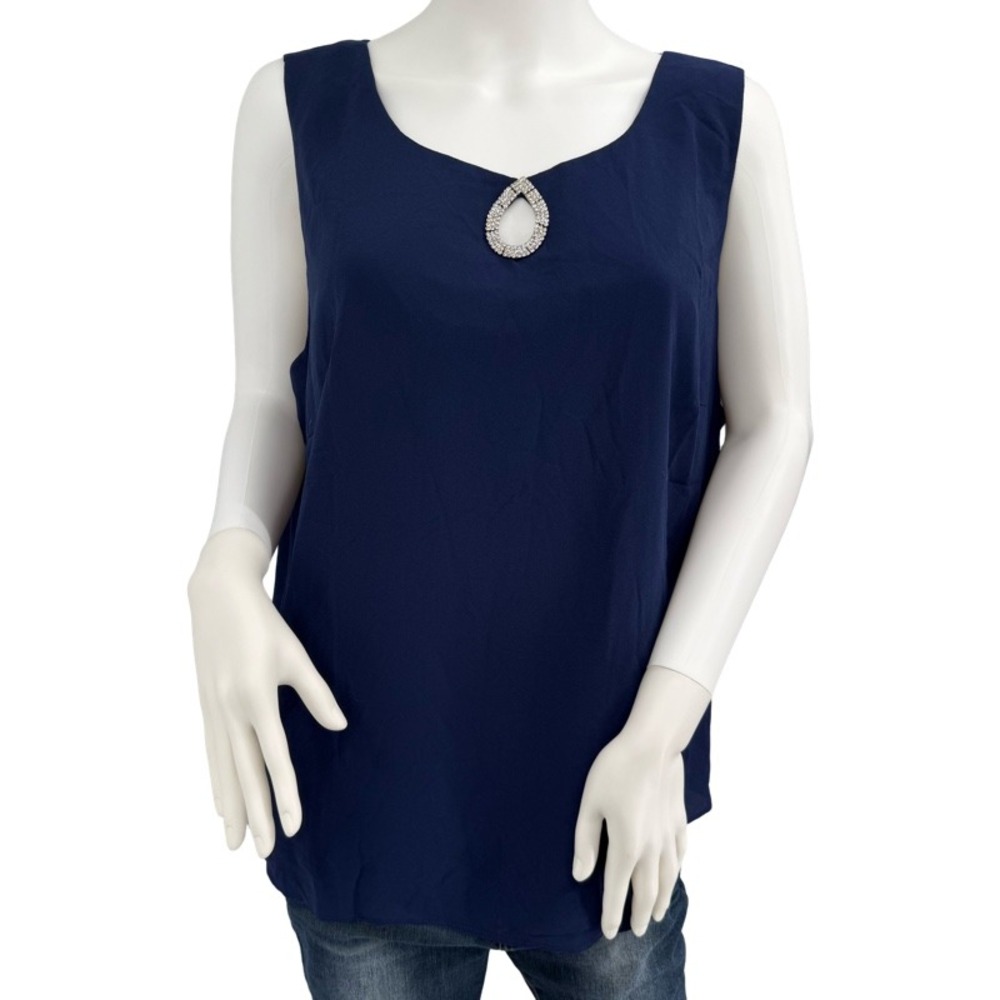 HANNA NIKOLE 20W Sleeveless Blouse Navy Blue‎ Rhinestone Chiffon Plus Size Top